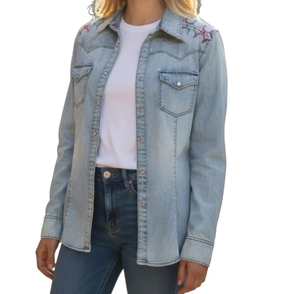 Cruel‎ XL Women Light Blue Soft Denim Western Pearl Snap Buttons 2322 Embroidery